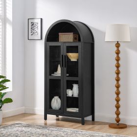 A high arched storage cabinet with a lamp, a modern retro-style wooden storage cabinet with adjustable glass partitions