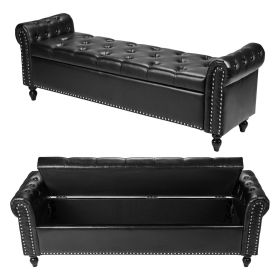Button-Tufted Storage Ottoman Bench, Rolled Arm PU Leather Bench with Solid Wood Legs, Modern Shoe Benches Seat for Entryway