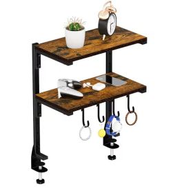 2 Tier Adjustable Clamp-On Desk Shelf, Metal Desktop Extension Organizer with Over Desk and Under Desk Storage, 13 Inch Desk Rack for Office