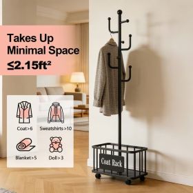 2 in 1 Rolling Coat Rack with Metal Storage Basket, Freestanding Garment Rack with 7 Hooks and 4 Wheels, Space Saving Clothes Organizer for Entry