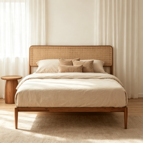 Boho Rattan Wooden Brown Bed Frame with Wooden Slat Support Full Queen Size Bedroom Furniture