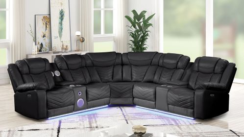 CHALLENGER Modern Style Recliner Sectional Sofa, Built in USB-C Ports & Bluetooth, made with Wood & Faux Leather in Black