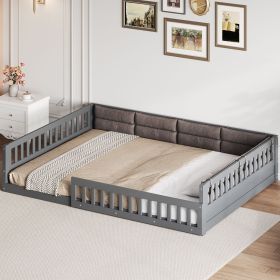 Wood Full Size Upholstered Platform Bed with Guardrail and Pillow, Gray