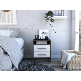 Nightstand 20"H, Two Drawers, Superior Top, Metal Handles, Smokey Oak / White