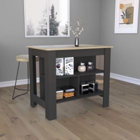 Kitchen Island, kitchen table 35" H, Four Legs, Three Open Storage Shelves, Black / Light Oak