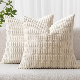 2PCS Soft Corduroy Decorative Pillow Covers 18x18 Inch, Boho Striped Cushion Cases For Sofa, Couch, Bedroom & Living Room, Cream White (Option: White)