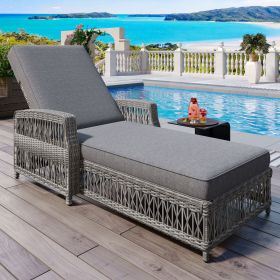 Outdoor Long Reclining Chaise, Wicker Lounge with Armrests, Patio Adjustable Recliner with Soft Removable Cushions (Color: Grey)
